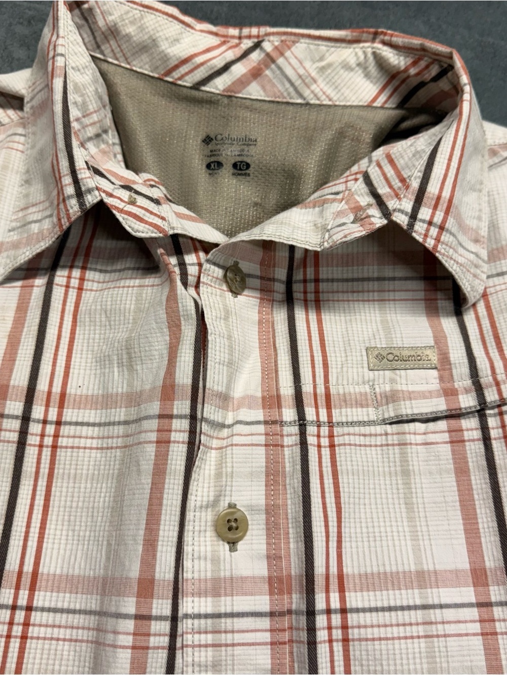 Columbia Men's Plaid Button-Down Shirt - White with Rust & Brown Stripes